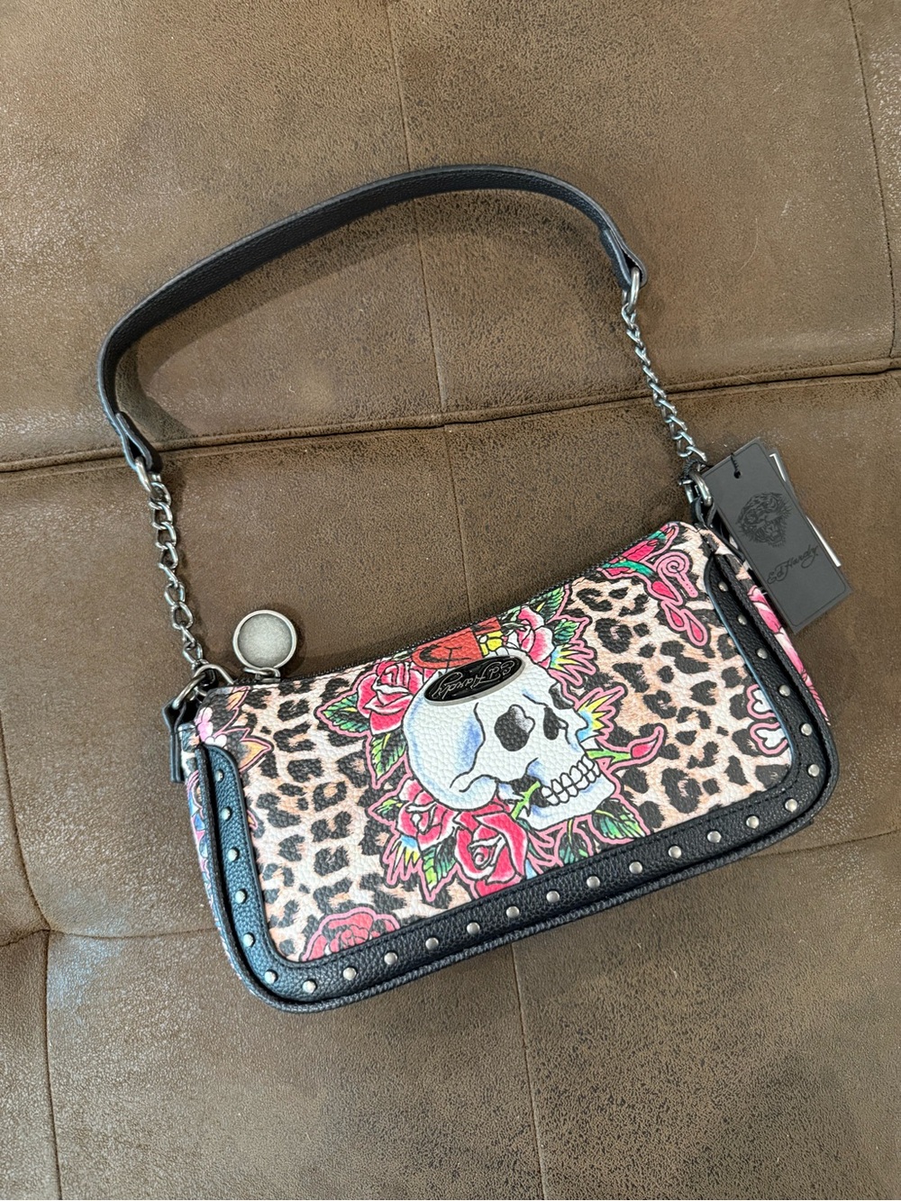 Ed Hardy Floral Skull Leopard Print Shoulder Bag - Black Accent